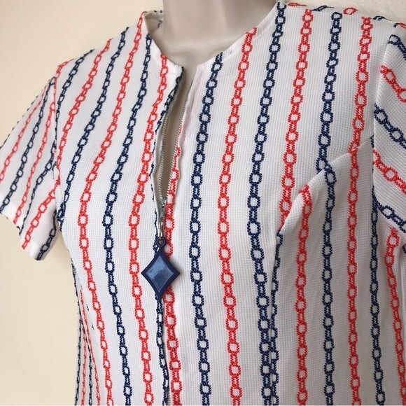 Vintage 70s White Double Knit Orange Blue Chain Stitch Zip Up Top Womens Medium - Picture 2 of 14